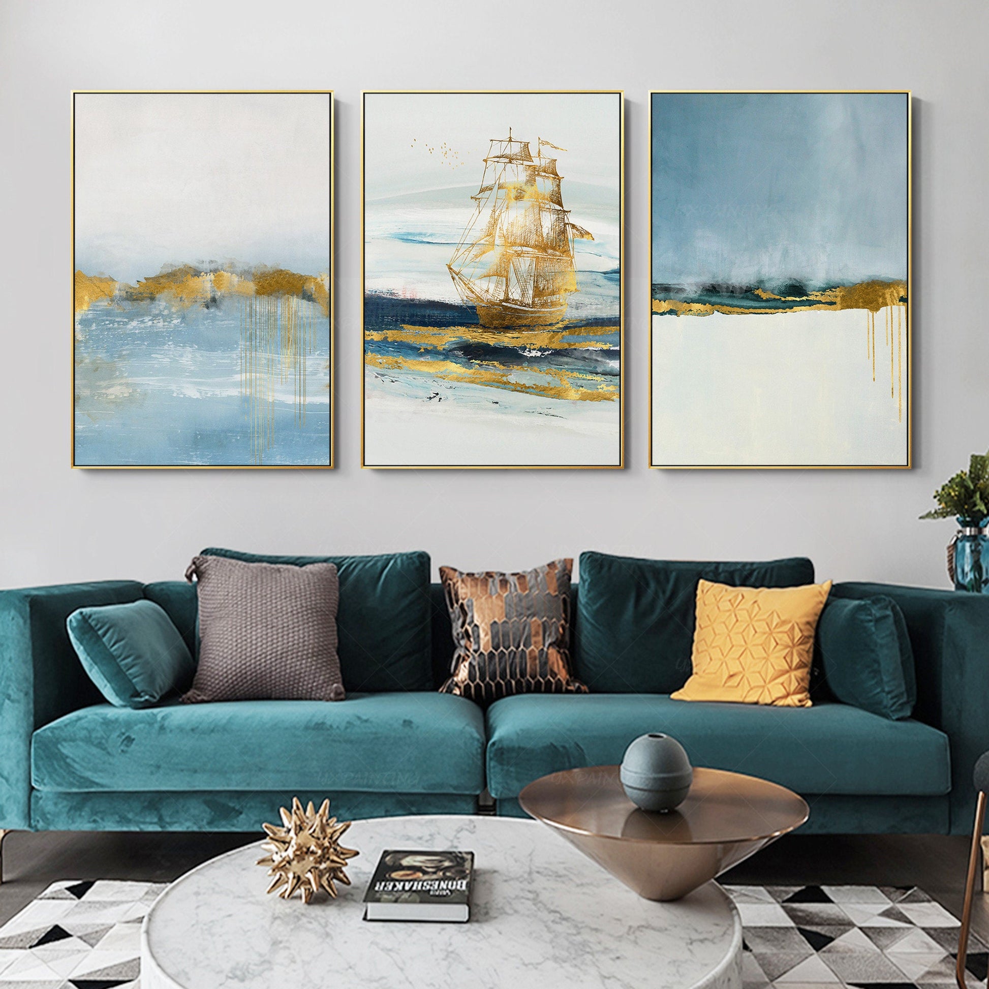 Bladgoud ingelijst schilderij zee schilderij lichtblauw gouden kunst zeilboot ab #14