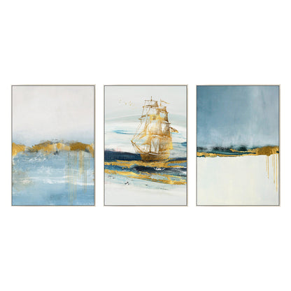 Bladgoud ingelijst schilderij zee schilderij lichtblauw gouden kunst zeilboot ab #19