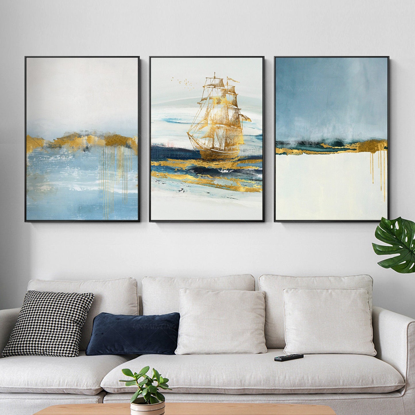 Bladgoud ingelijst schilderij zee schilderij lichtblauw gouden kunst zeilboot ab #3