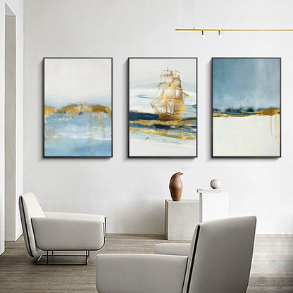 Bladgoud ingelijst schilderij zee schilderij lichtblauw gouden kunst zeilboot ab #6