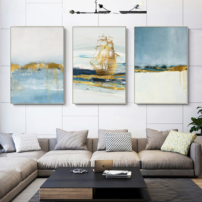 Bladgoud ingelijst schilderij zee schilderij lichtblauw gouden kunst zeilboot ab #1