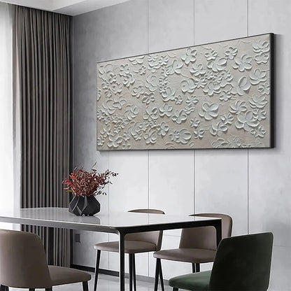 BLANC BLOOM: Textured White Floral Painting, Horizontal Canvas, Minimalist Wall Art | gold frame stretched on neutral wall