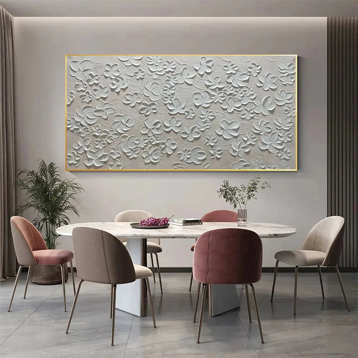 BLANC BLOOM: Textured White Floral Painting, Horizontal Canvas, Minimalist Wall Art | rolled canvas, ready for custom framing