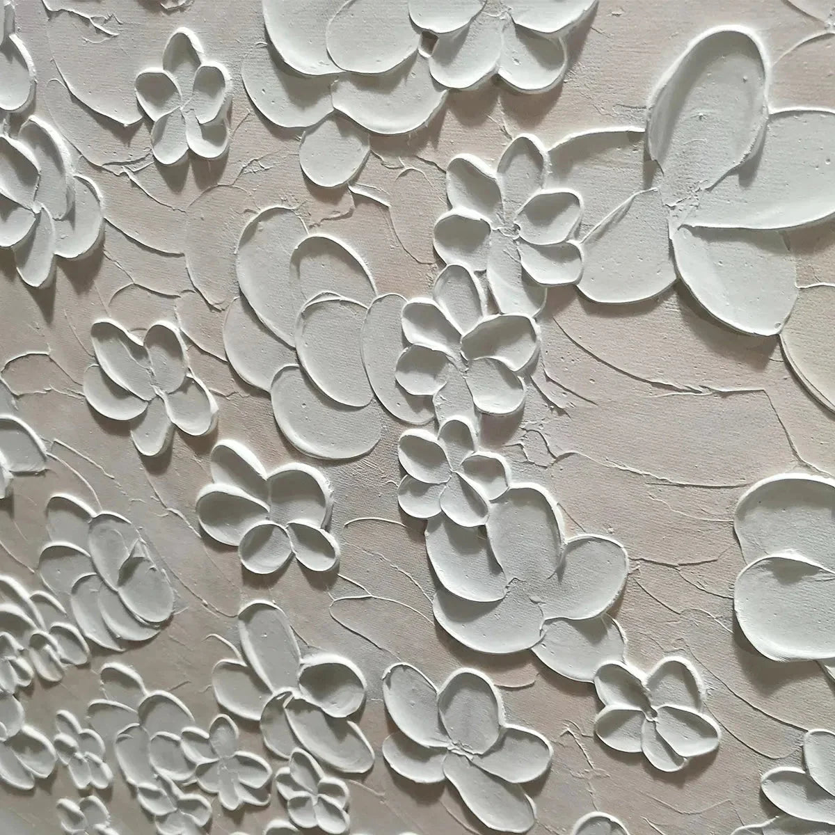BLANC BLOOM: Textured White Floral Painting, Horizontal Canvas, Minimalist Wall Art | black frame version on white wall