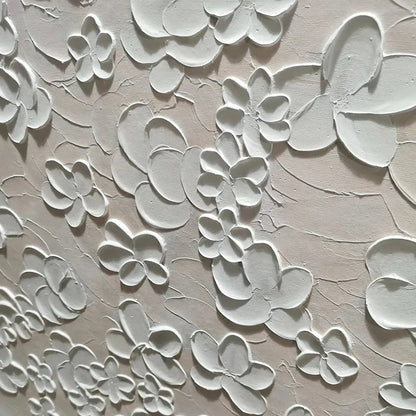 BLANC BLOOM: Textured White Floral Painting, Horizontal Canvas, Minimalist Wall Art | black frame version on white wall