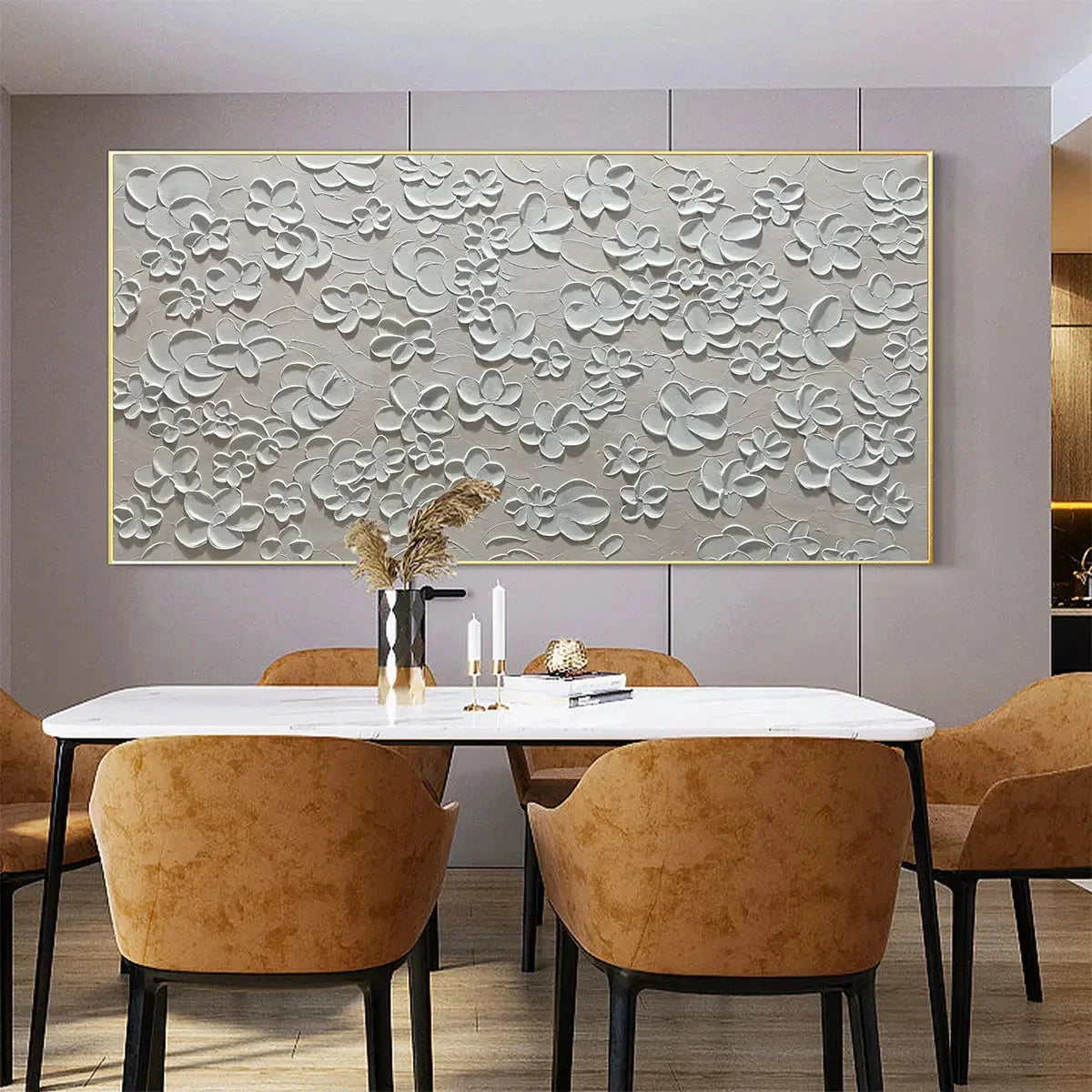 BLANC BLOOM: Textured White Floral Painting, Horizontal Canvas, Minimalist Wall Art | Minimalist mood, soft natural light studio shot