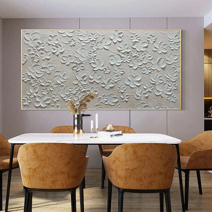 BLANC BLOOM: Textured White Floral Painting, Horizontal Canvas, Minimalist Wall Art | Minimalist mood, soft natural light studio shot