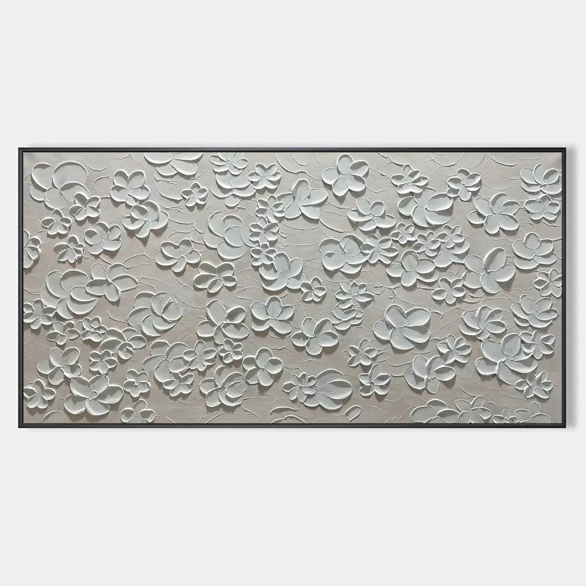 BLANC BLOOM: Textured White Floral Painting, Horizontal Canvas, Minimalist Wall Art | hanging in Textured white floral oil painting in soft white, cream, and ivory tones; refined minimalist composi...