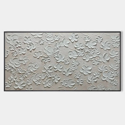 BLANC BLOOM: Textured White Floral Painting, Horizontal Canvas, Minimalist Wall Art | hanging in Textured white floral oil painting in soft white, cream, and ivory tones; refined minimalist composi...