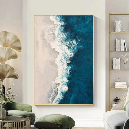 AZURE COAST: Blue and Beige Abstract Coastal Painting for Living Room | impasto closeup, raised brushwork detail