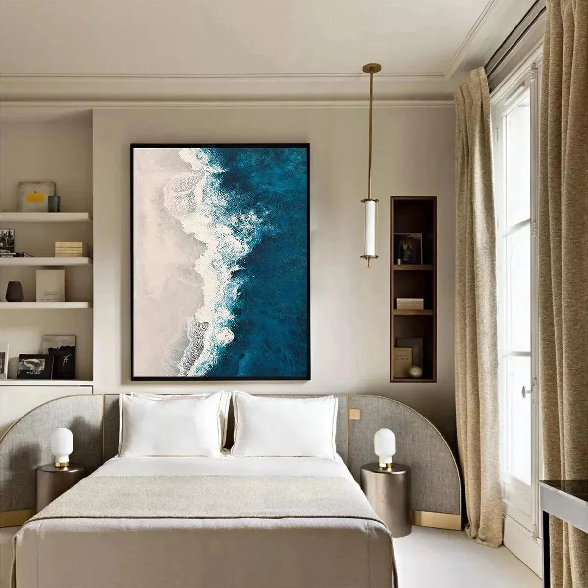 AZURE COAST: Blue and Beige Abstract Coastal Painting for Living Room | gold frame stretched on neutral wall
