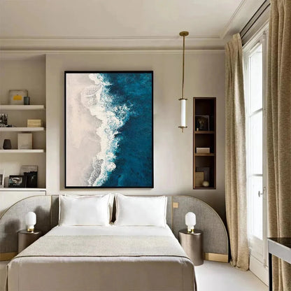 AZURE COAST: Blue and Beige Abstract Coastal Painting for Living Room | gold frame stretched on neutral wall