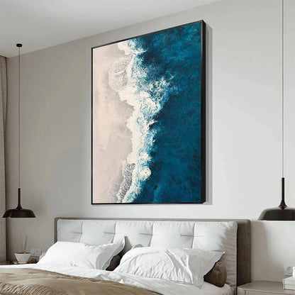 AZURE COAST: Blue and Beige Abstract Coastal Painting for Living Room | black frame version on white wall