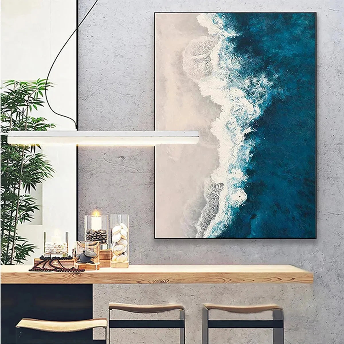 AZURE COAST: Blue and Beige Abstract Coastal Painting for Living Room | impasto mood, soft natural light studio shot