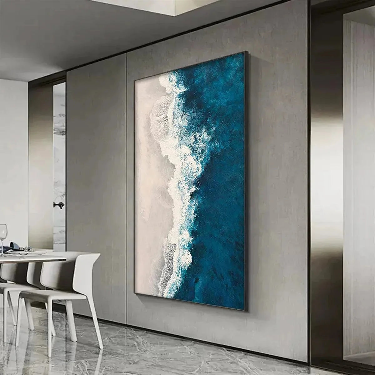 AZURE COAST: Blue and Beige Abstract Coastal Painting for Living Room | blue palette, original dining room art