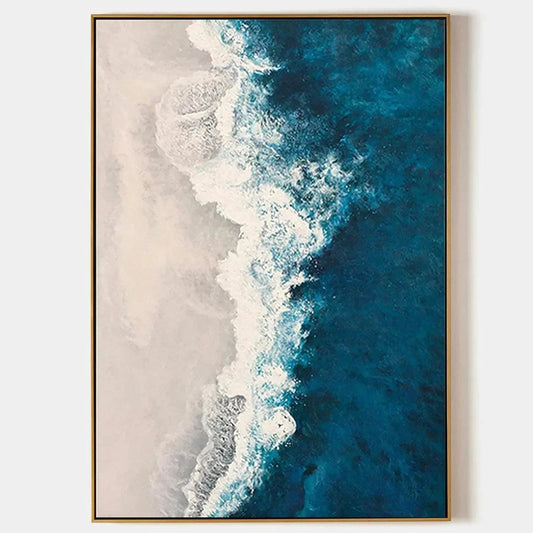 AZURE COAST: Blue and Beige Abstract Coastal Painting for Living Room | hanging in living room, impasto wall art
