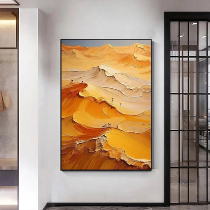GOLDEN DUNES: Textured Orange Desert Landscape Impasto Painting for Living Room | gold frame stretched on neutral wall