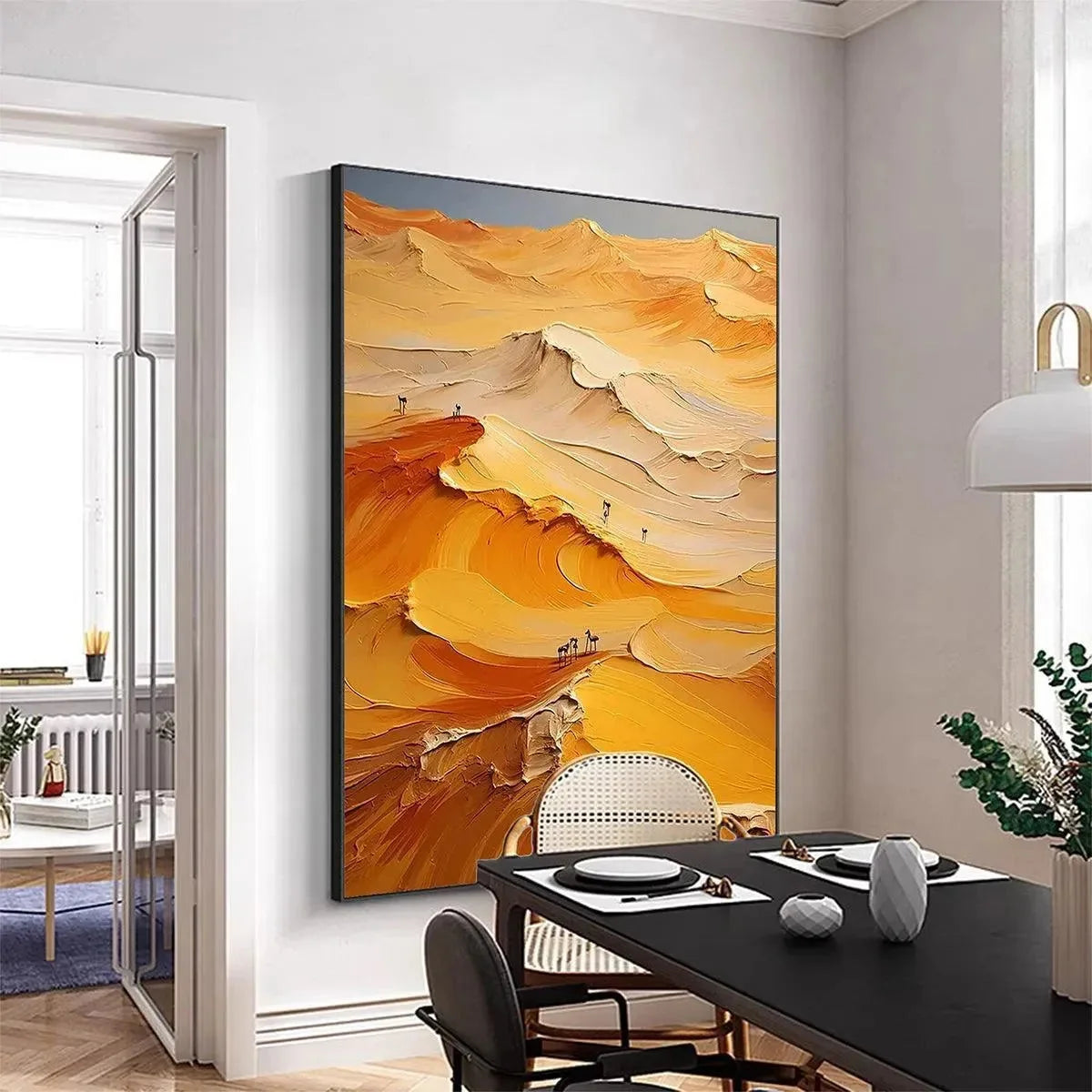 GOLDEN DUNES: Textured Orange Desert Landscape Impasto Painting for Living Room | black frame version on white wall