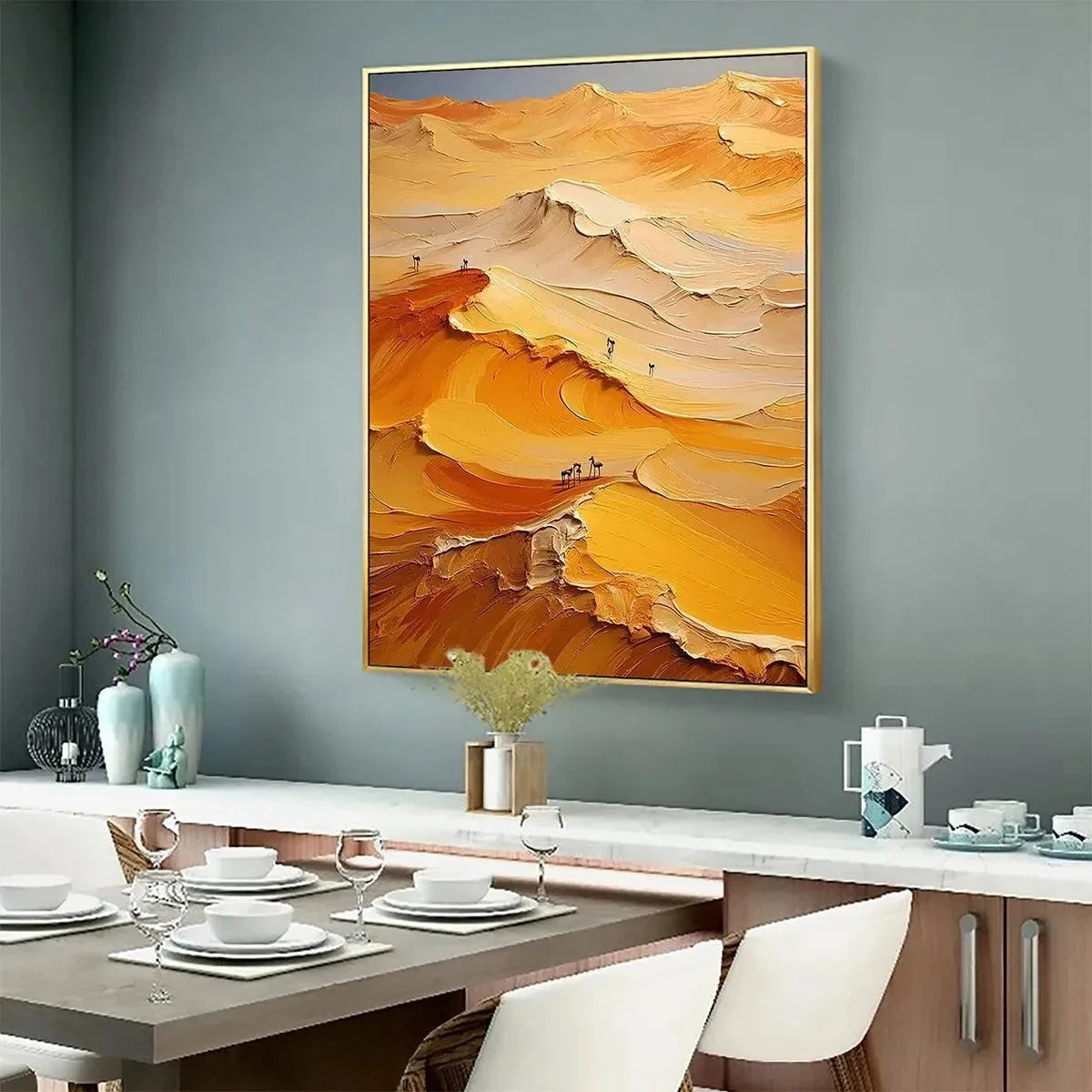 GOLDEN DUNES: Textured Orange Desert Landscape Impasto Painting for Living Room | Landscape mood, soft natural light studio shot