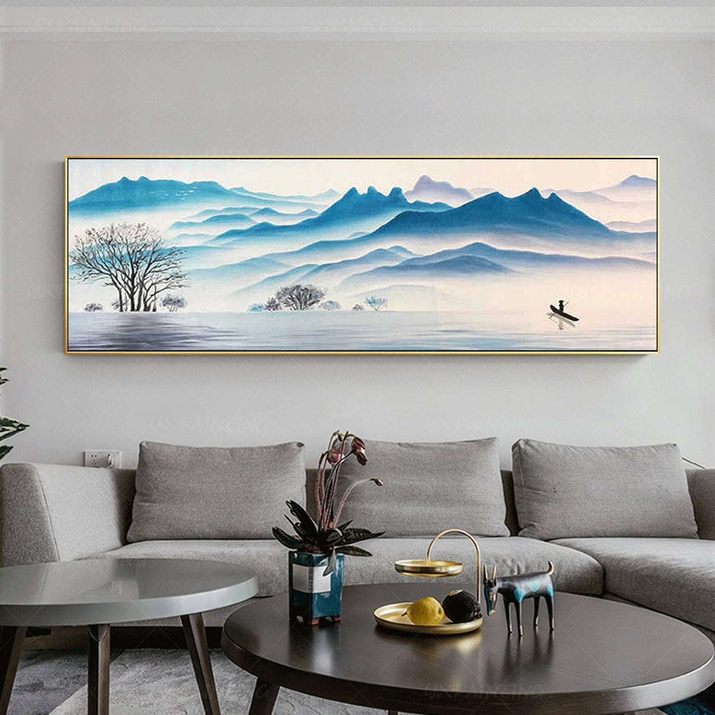Blauwe aquarel bergschilderij: abstracte landschapcanvaskunst #2