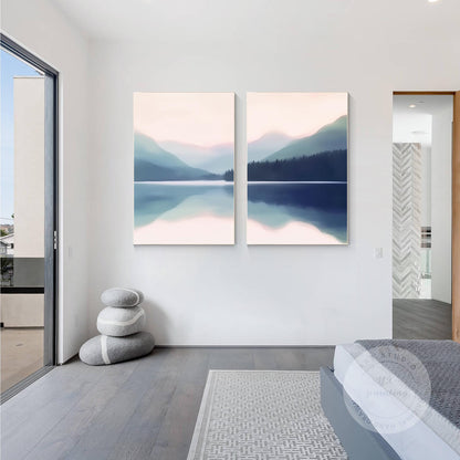 Blauwe berglandschap schilderij canvas: woonkamer muurkunst decor (set van 2) #14