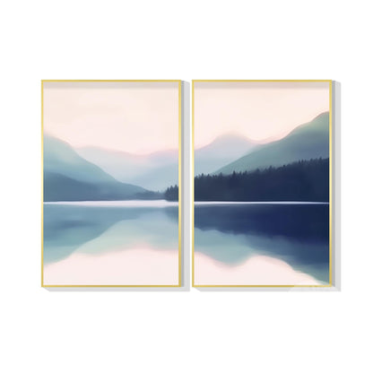 Blauwe berglandschap schilderij canvas: woonkamer muurkunst decor (set van 2) #17