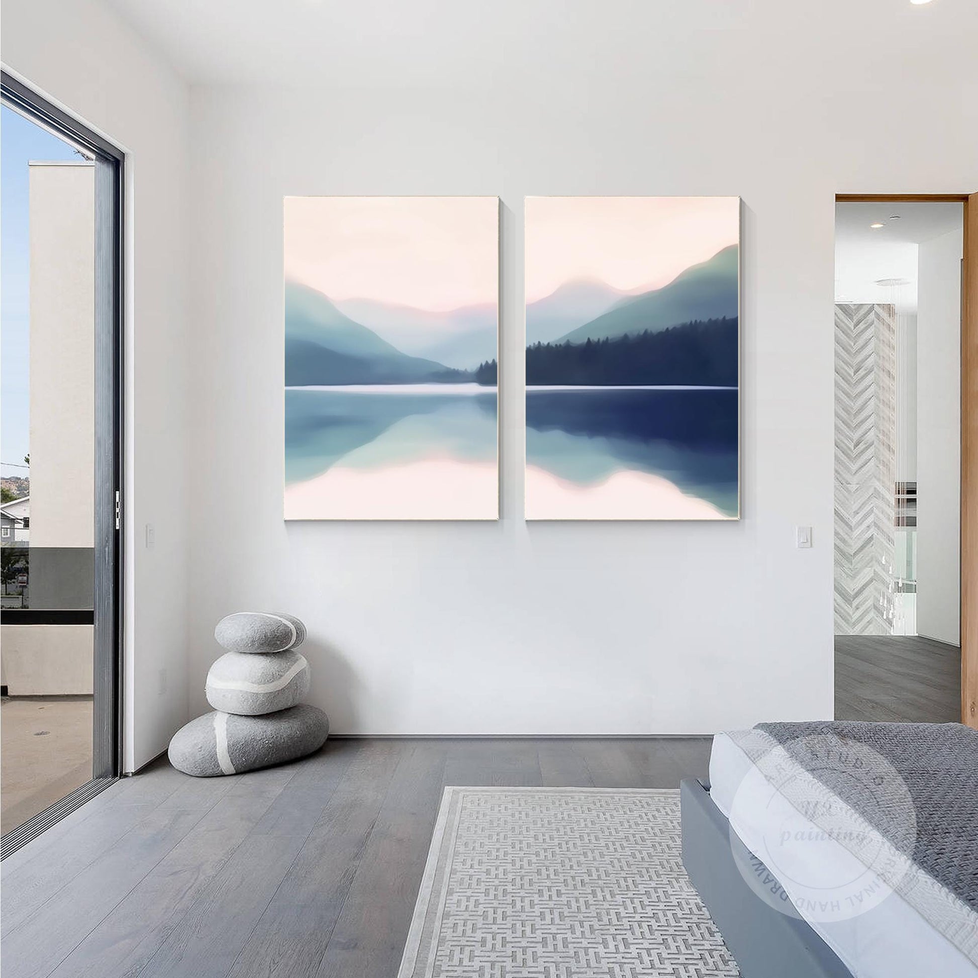 Blauwe berglandschap schilderij canvas: woonkamer muurkunst decor (set van 2) #5