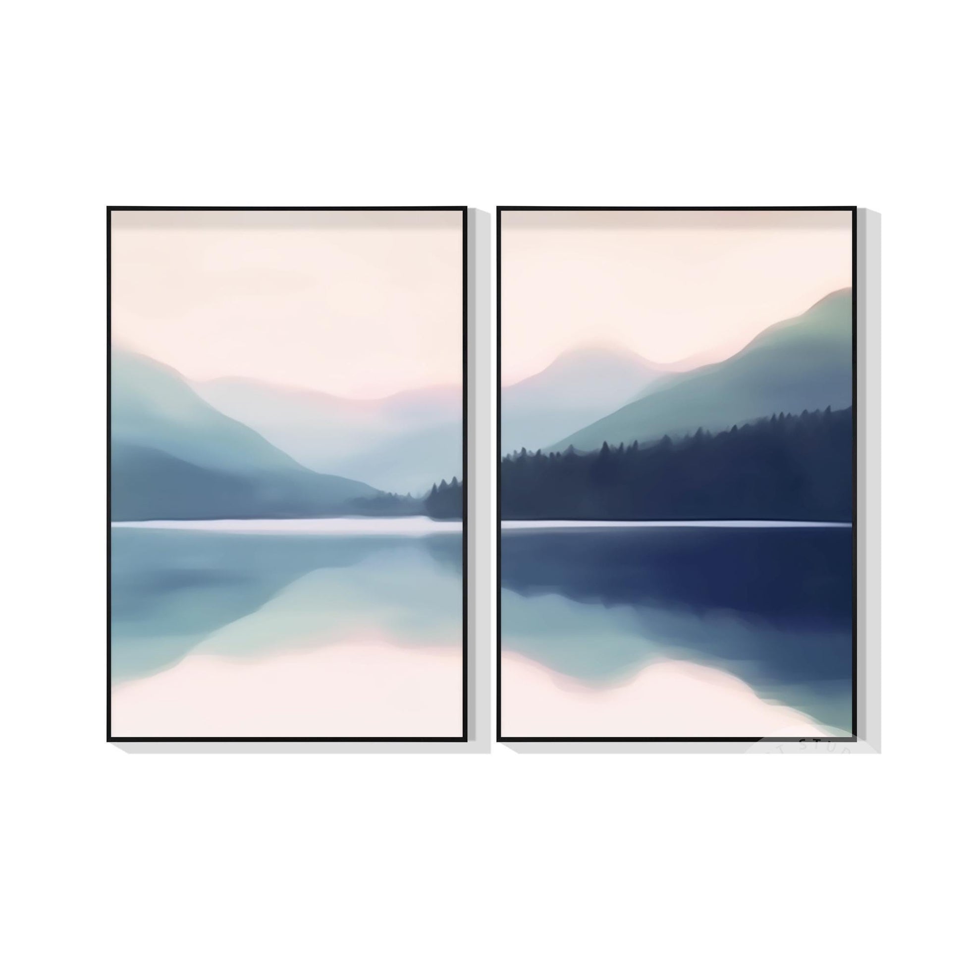 Blauwe berglandschap schilderij canvas: woonkamer muurkunst decor (set van 2) #7