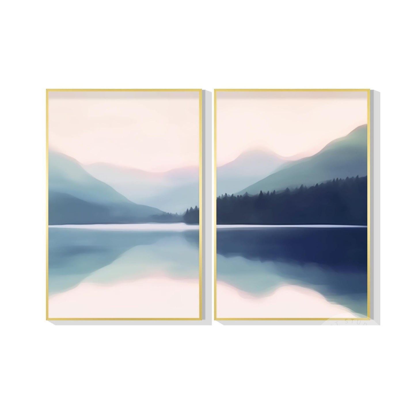 Blauwe berglandschap schilderij canvas: woonkamer muurkunst decor (set van 2) #8