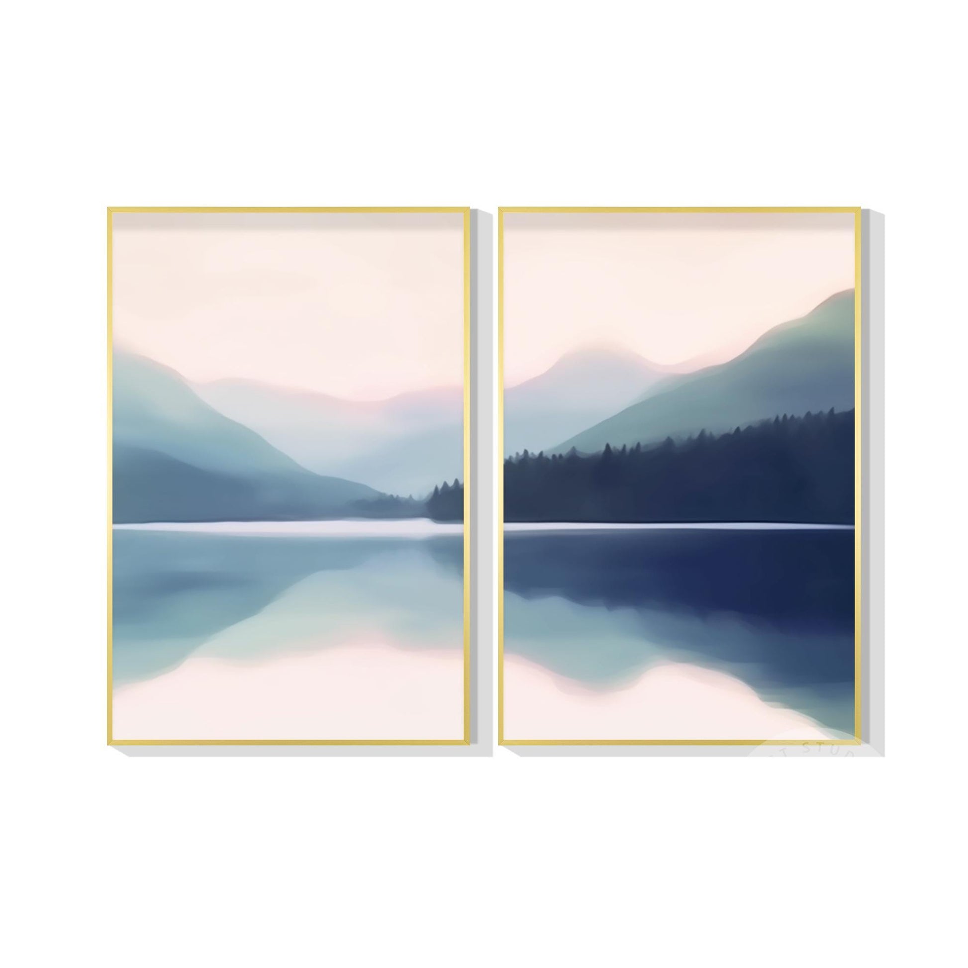 Blauwe berglandschap schilderij canvas: woonkamer muurkunst decor (set van 2) #8