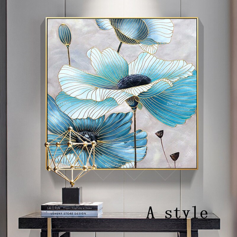 Blauwe bloem plant abstracte aquarel gouden lijn ingelijste muurkunst|Slaapkamer #11