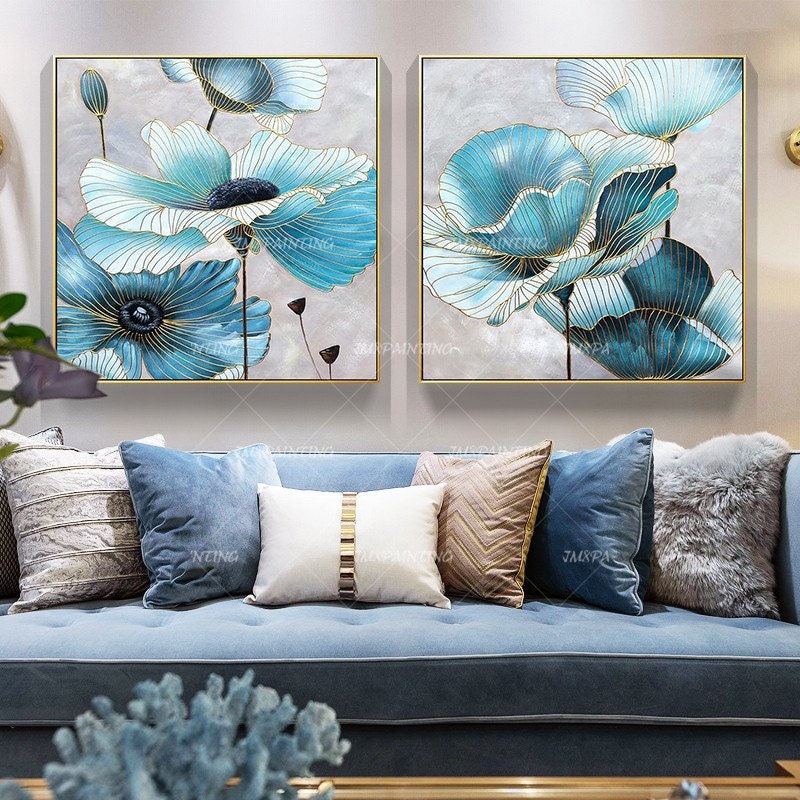 Blauwe bloem plant abstracte aquarel gouden lijn ingelijste muurkunst|Slaapkamer #14