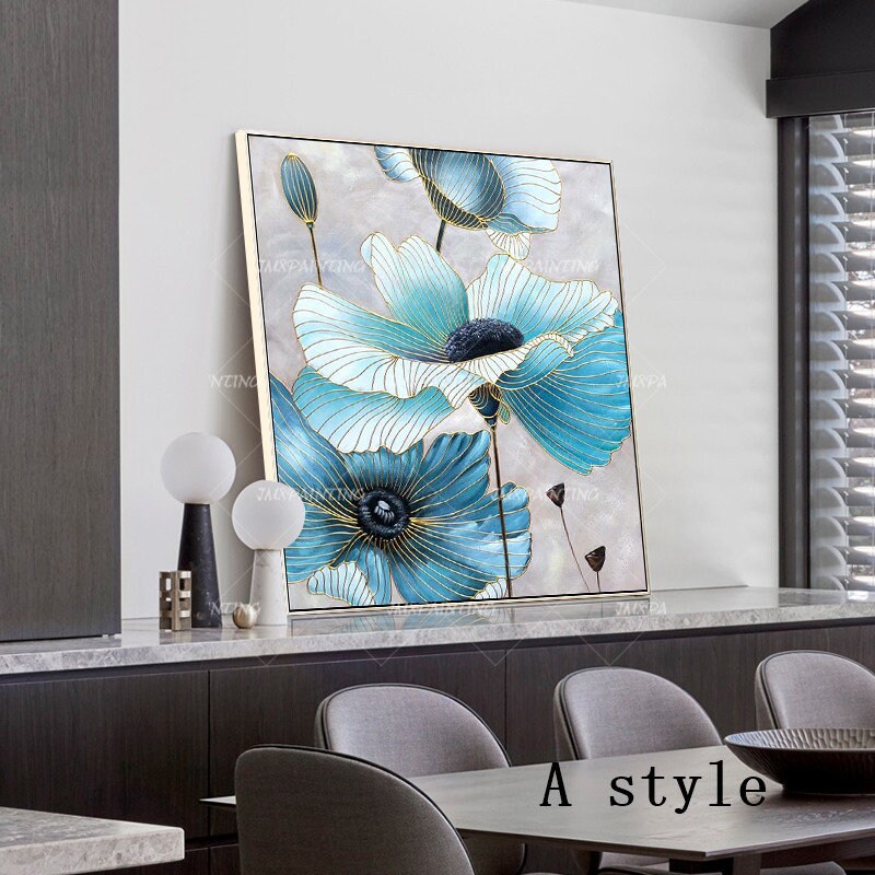 Blauwe bloem plant abstracte aquarel gouden lijn ingelijste muurkunst|Slaapkamer #3
