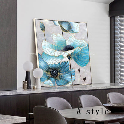 Blauwe bloem plant abstracte aquarel gouden lijn ingelijste muurkunst|Slaapkamer #3