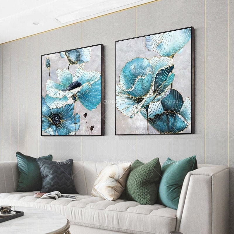 Blauwe bloem plant abstracte aquarel gouden lijn ingelijste muurkunst|Slaapkamer #4