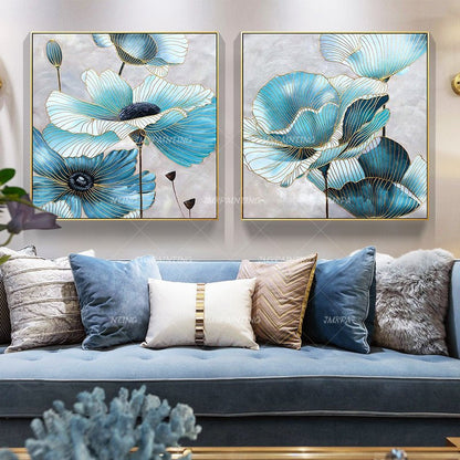 Blauwe bloem plant abstracte aquarel gouden lijn ingelijste muurkunst|Slaapkamer #5