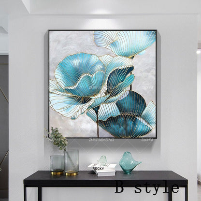 Blauwe bloem plant abstracte aquarel gouden lijn ingelijste muurkunst|Slaapkamer #1