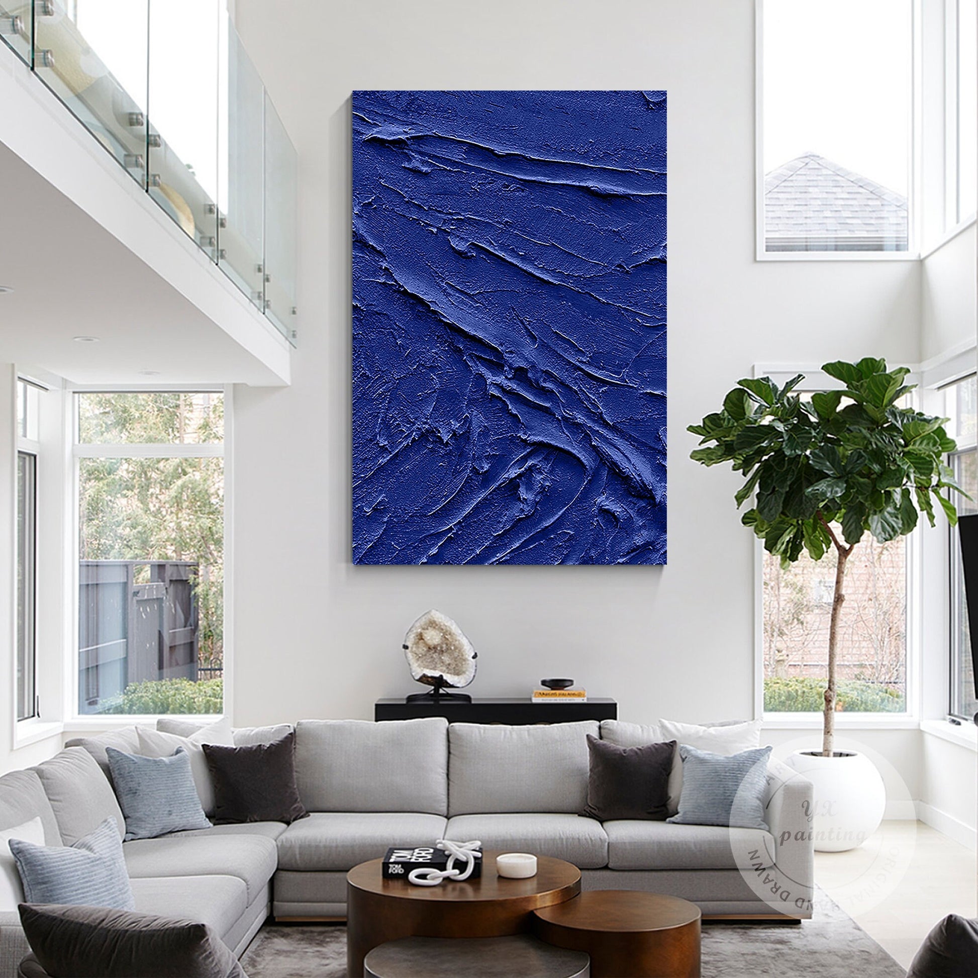 Blauwe zware textuurschildering – extra grote 3D acrylcanvaskunst, minimalistisc #12