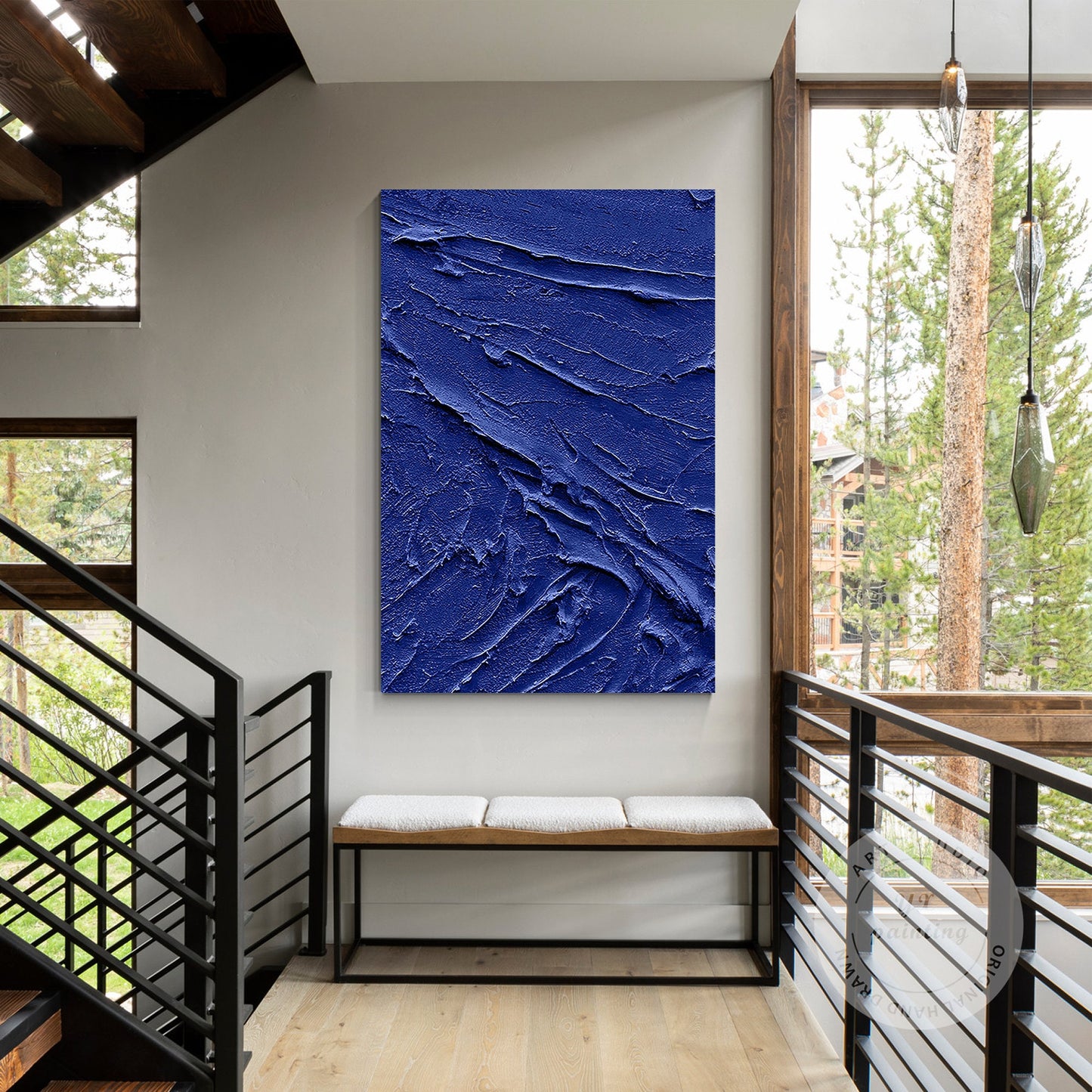 Blauwe zware textuurschildering – extra grote 3D acrylcanvaskunst, minimalistisc #5