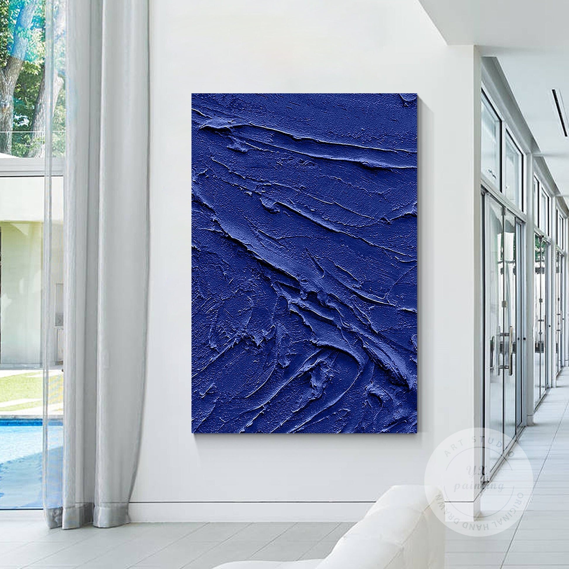 Blauwe zware textuurschildering – extra grote 3D acrylcanvaskunst, minimalistisc #1