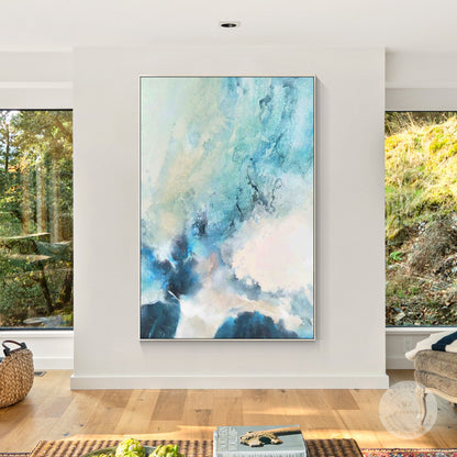 Blauwgroen abstract schilderij op canvas: ingelijste muurkunst woonkamer #13