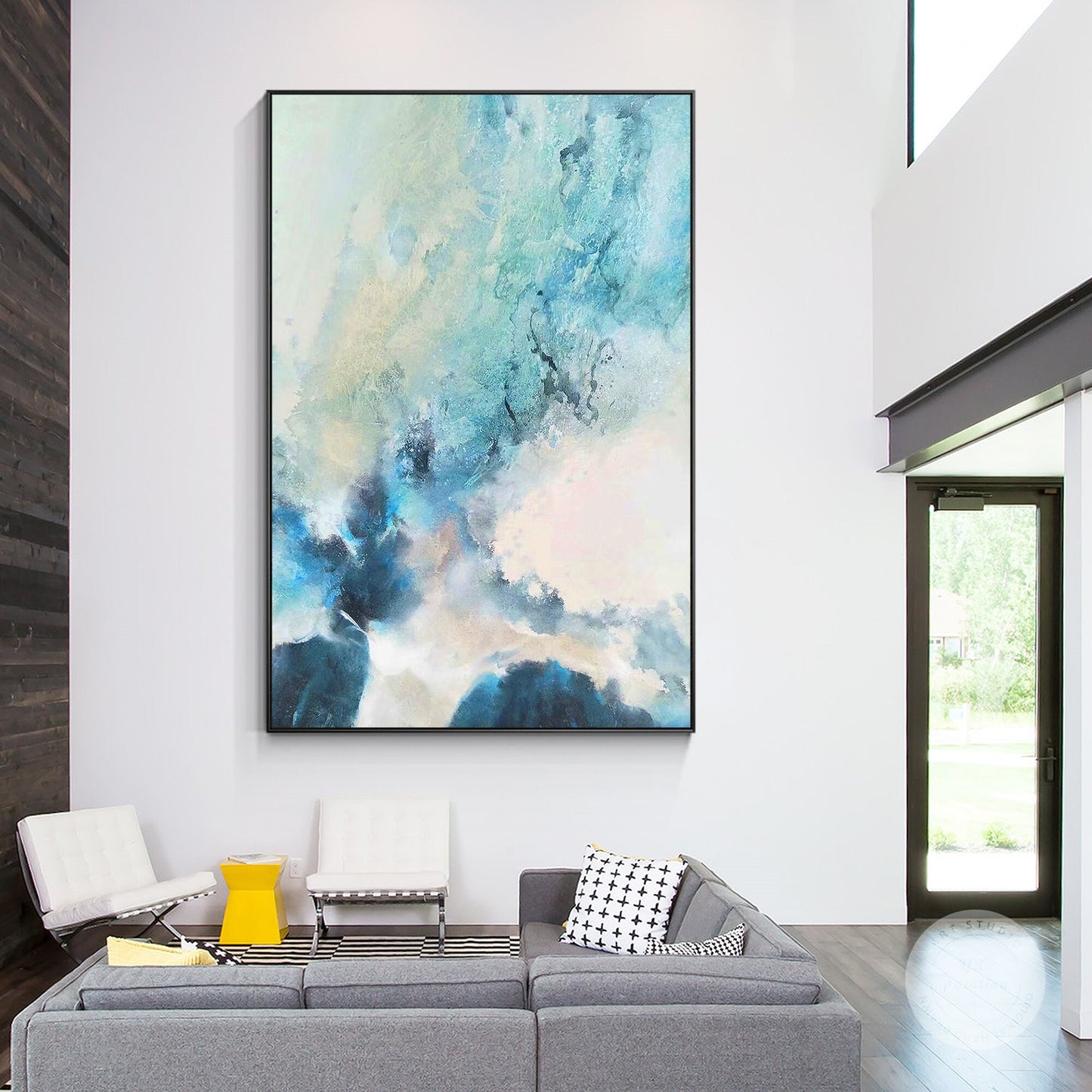 Blauwgroen abstract schilderij op canvas: ingelijste muurkunst woonkamer #15