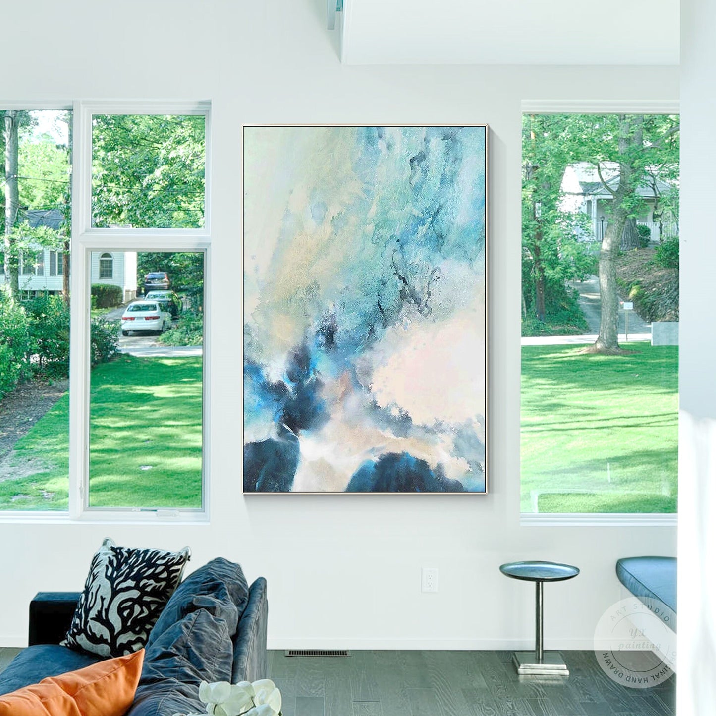 Blauwgroen abstract schilderij op canvas: ingelijste muurkunst woonkamer #16