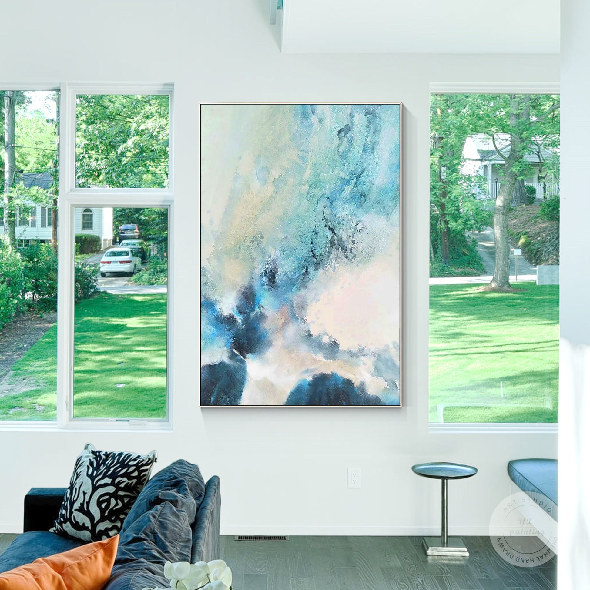 Blauwgroen abstract schilderij op canvas: ingelijste muurkunst woonkamer #16