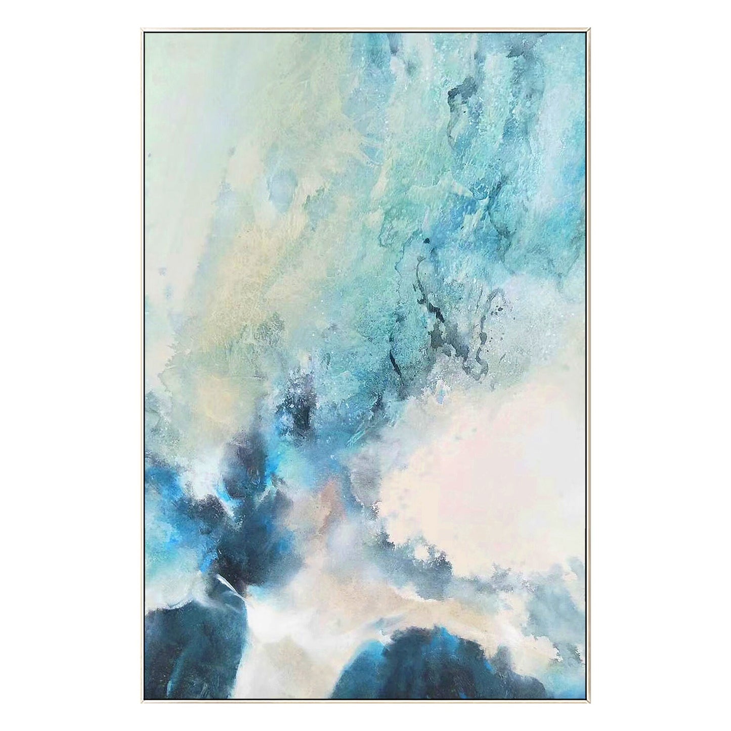 Blauwgroen abstract schilderij op canvas: ingelijste muurkunst woonkamer #9