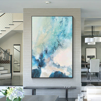 Blauwgroen abstract schilderij op canvas: ingelijste muurkunst woonkamer #1