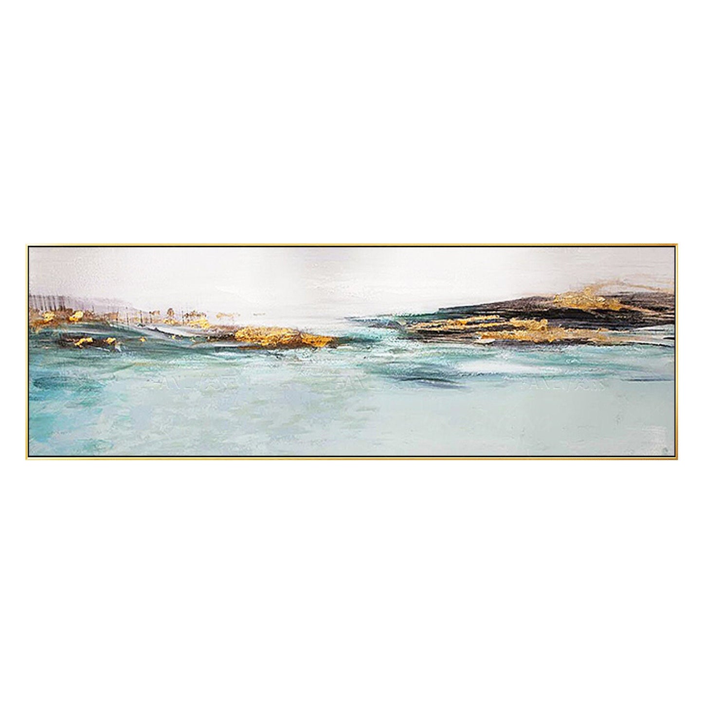 Blauwgroen aquarel: bladgoud abstracte berglandschapskunst #6