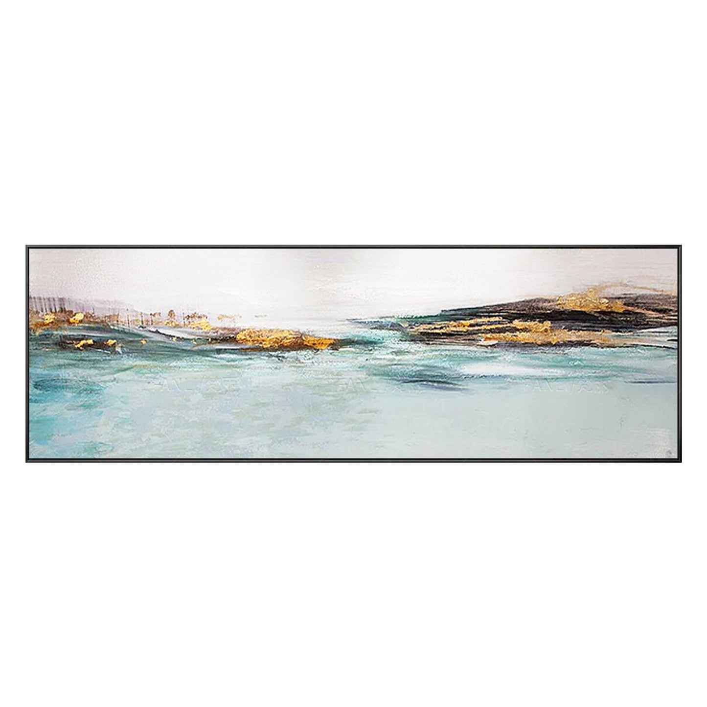 Blauwgroen aquarel: bladgoud abstracte berglandschapskunst #8