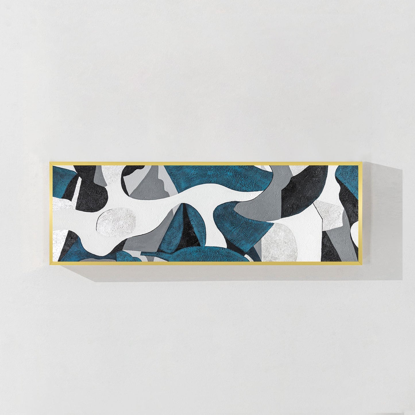 Blauwgroen zilveren abstract schilderij: geometrische organische vormen, lange c #9