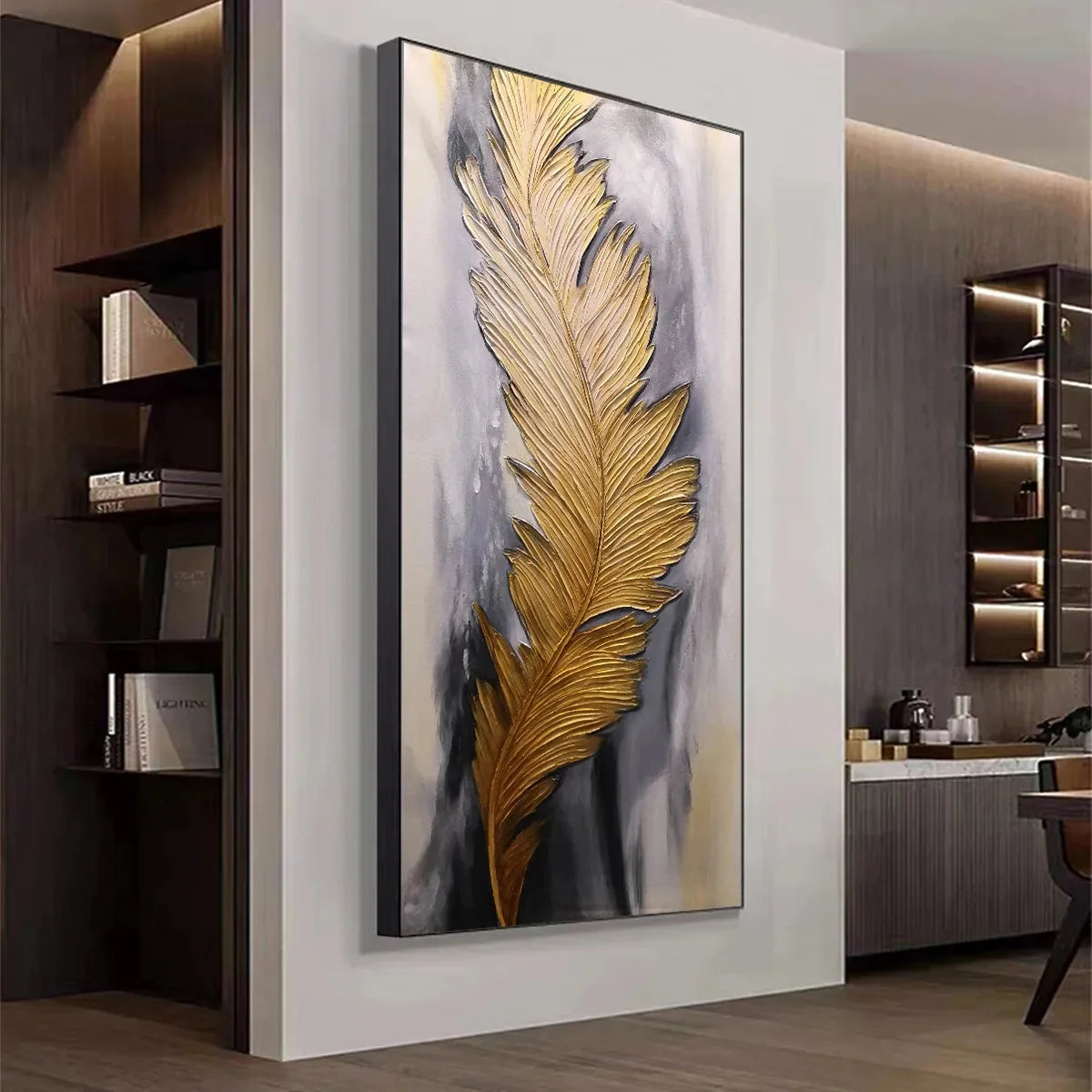 BLEMISHED SKY: Abstract Feather Oil Painting | gold frame stretched on neutral wall